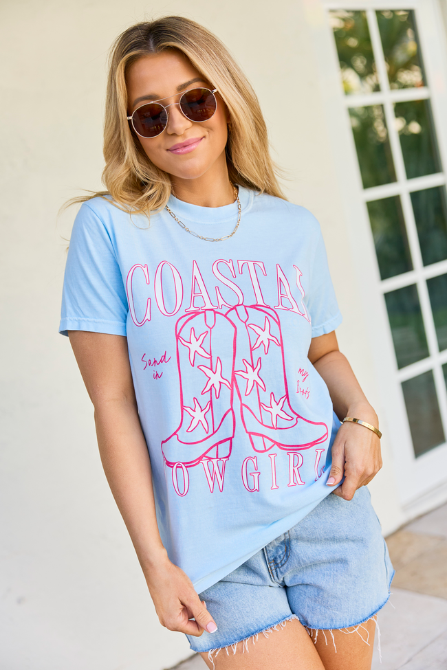 Coastal Cowgirl Boots Light Blue Comfort Colors Graphic Tee