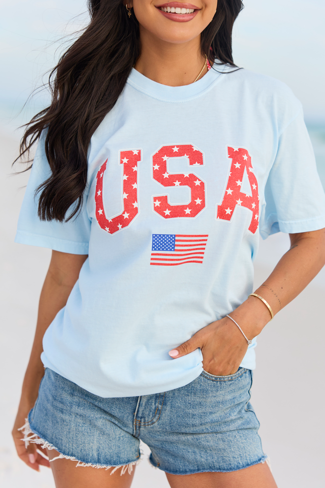 Athletic USA Flag Star Print Light Blue Comfort Colors Graphic Tee