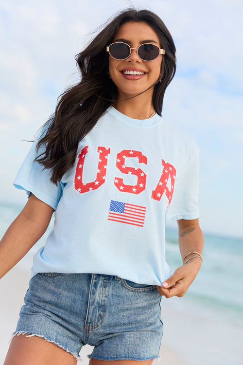 Athletic USA Flag Star Print Light Blue Comfort Colors Graphic Tee