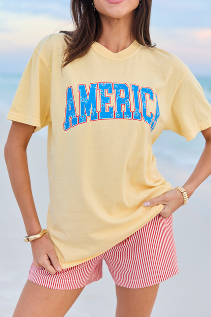America Floral Yellow Comfort Colors Graphic Tee