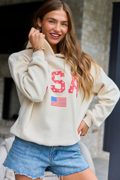 Athletic USA Flag Star Print Cream Graphic Hoodie