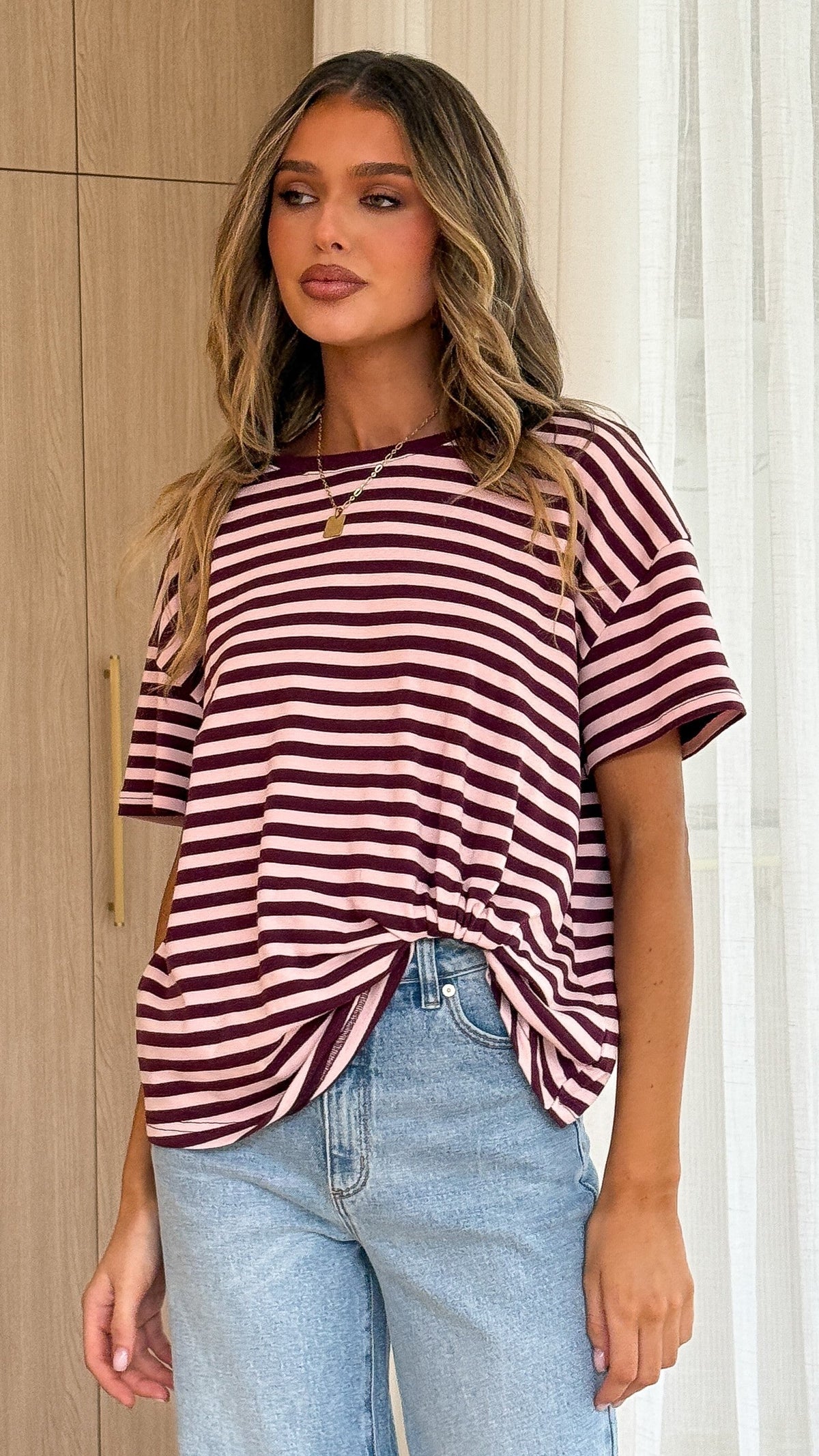 Clara Tee - Burgundy/Pink Stripe