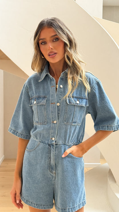 Rayla Denim Playsuit - Mid Blue