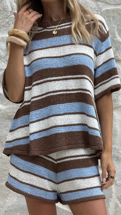 Makai Knitted T-Shirt and Shorts Set - Blue/Chocolate Stripe