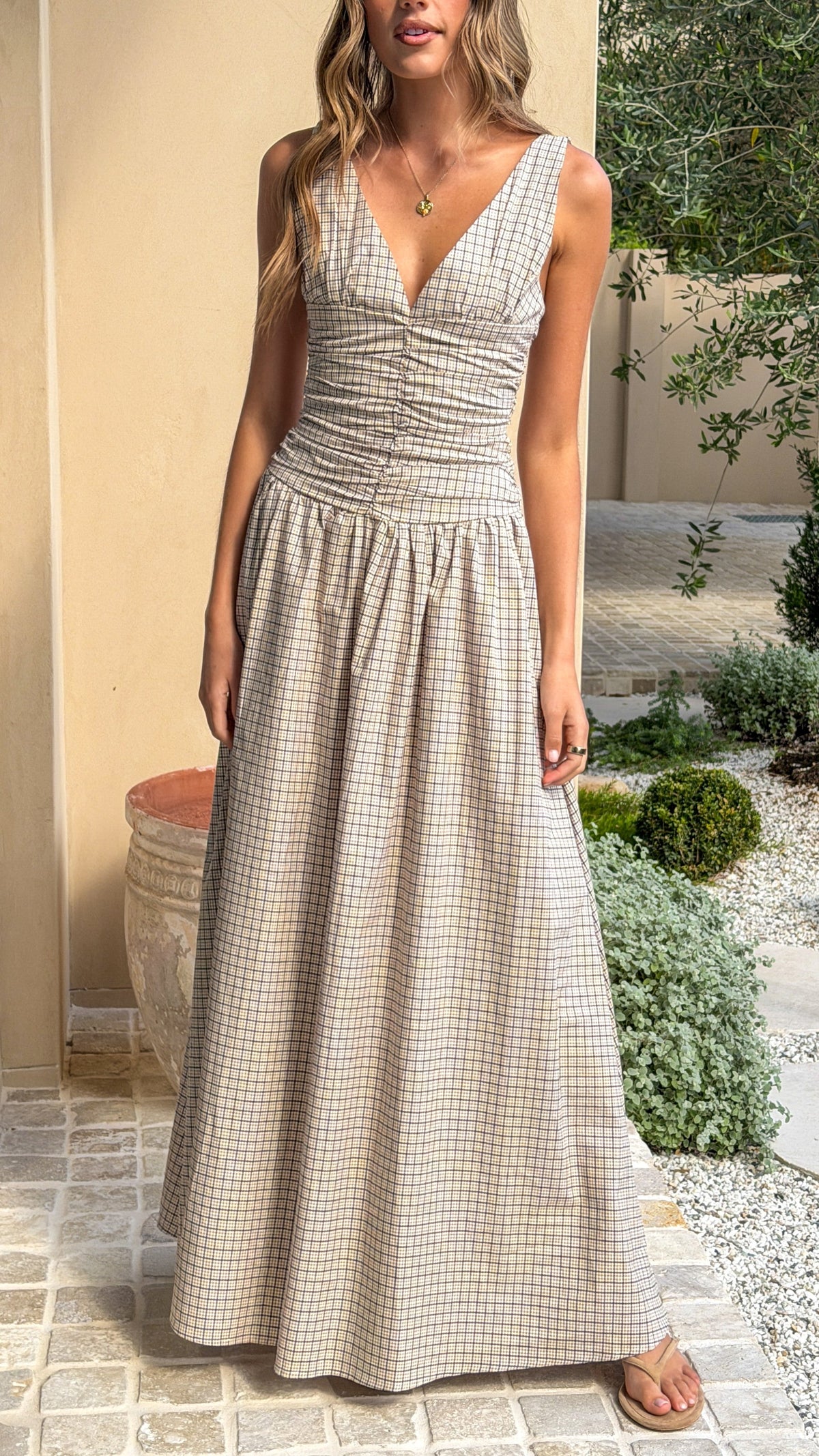 Sanya Maxi Dress - Beige Check
