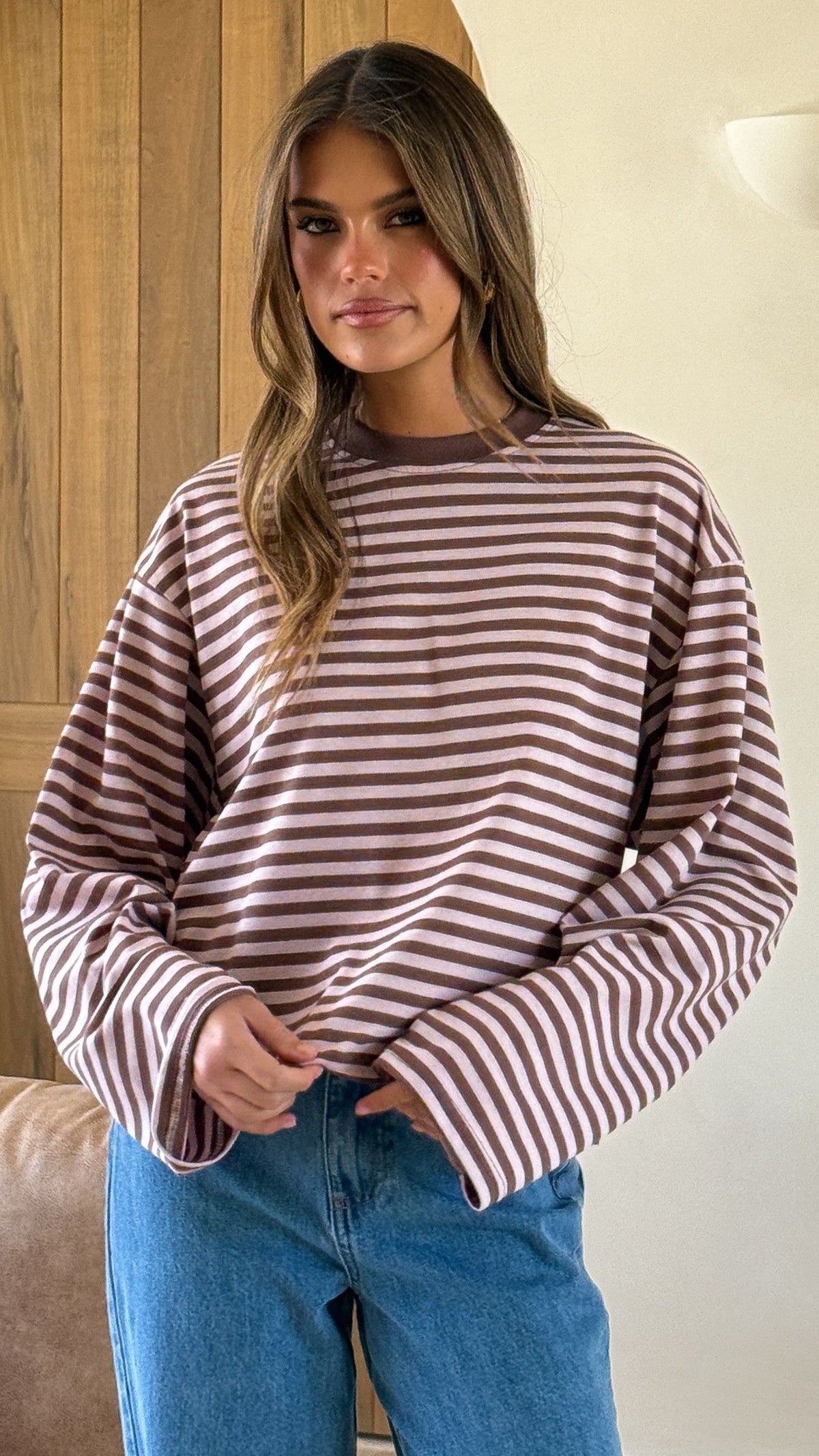 Solana Long Sleeve Top - Pink/Choc Stripe