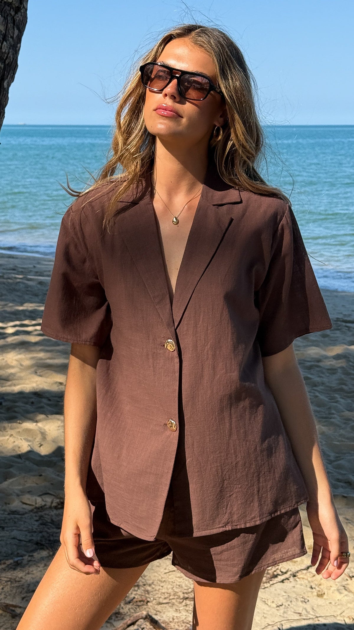 Nadine Shirt and Shorts Set - Brown
