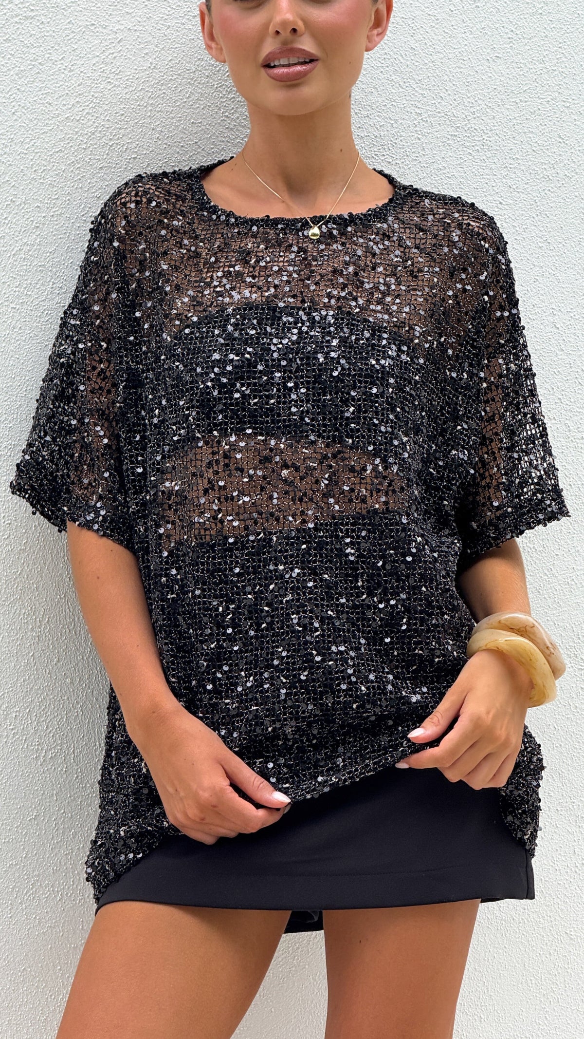 Zinnia Oversized Sequins Tee - Black