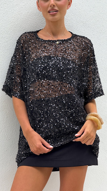 Zinnia Oversized Sequins Tee - Black