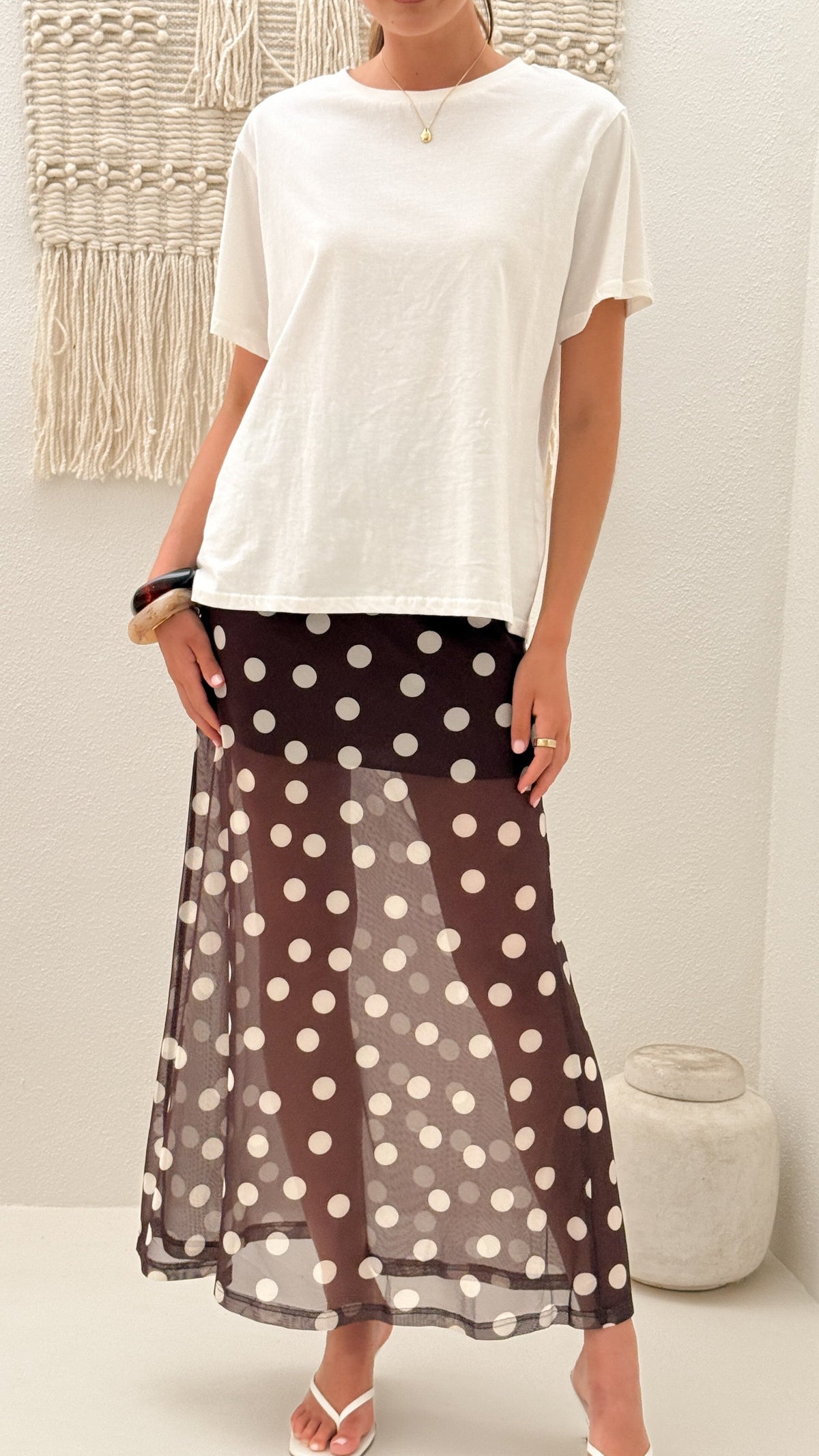Onella Semi Sheer Maxi Skirt - Chocolate / White Polka Dot
