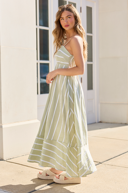 Come Sail Away Sage Striped Maxi Dress