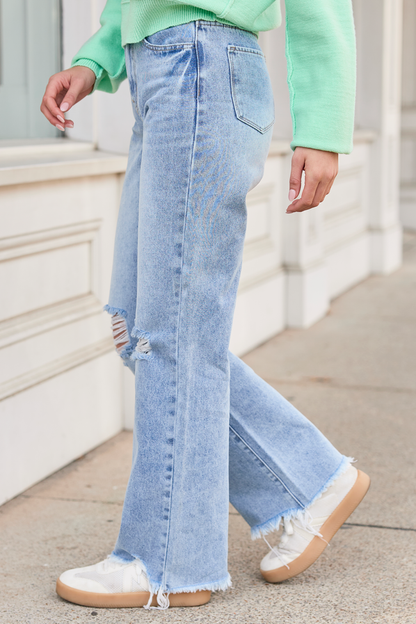 Ariel Light Wash Distressed Wide Leg Jeans SALE