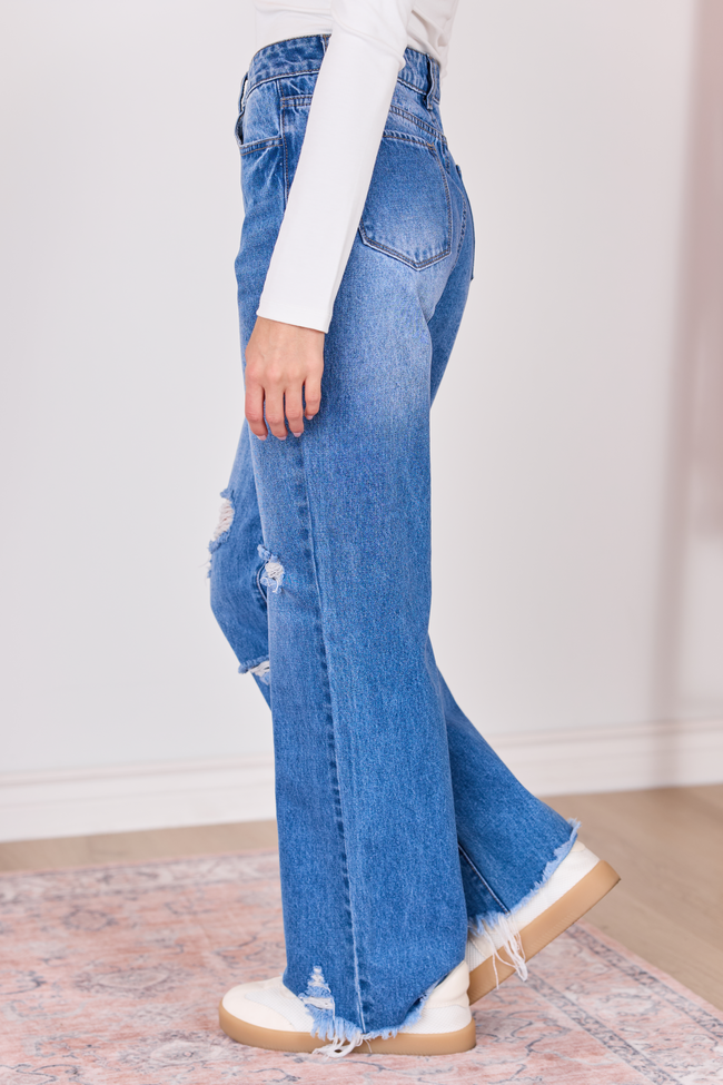 Ariel Medium Wash Distressed Wide Leg Jeans