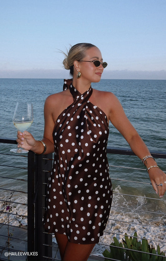 Jasmine Tie Mini Dress ~ Chocolate Brown Polka Dot