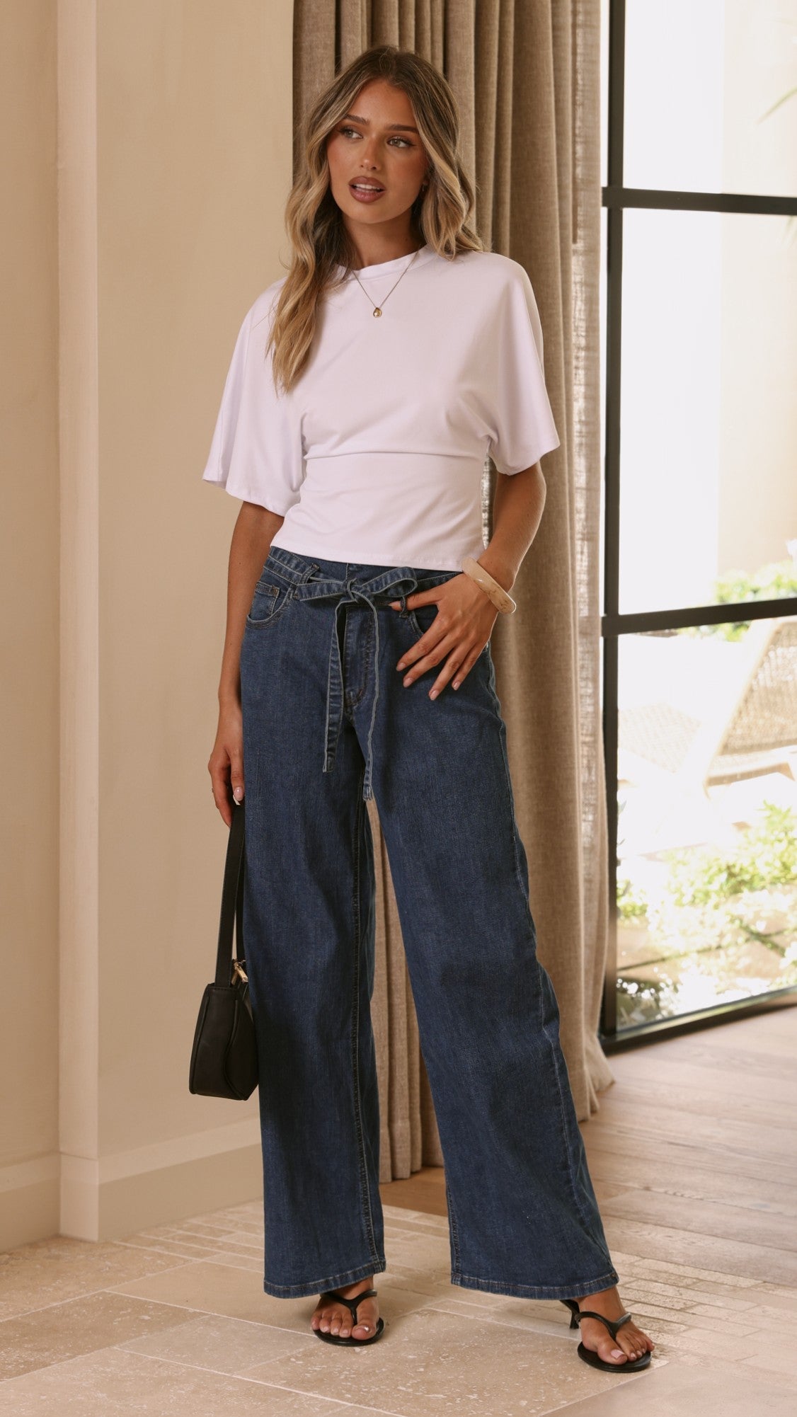 Vicky Tie Waist Straight Leg Jeans - Dark Wash