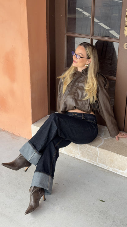 Leela Vegan Leather Bomber Jacket - Brown